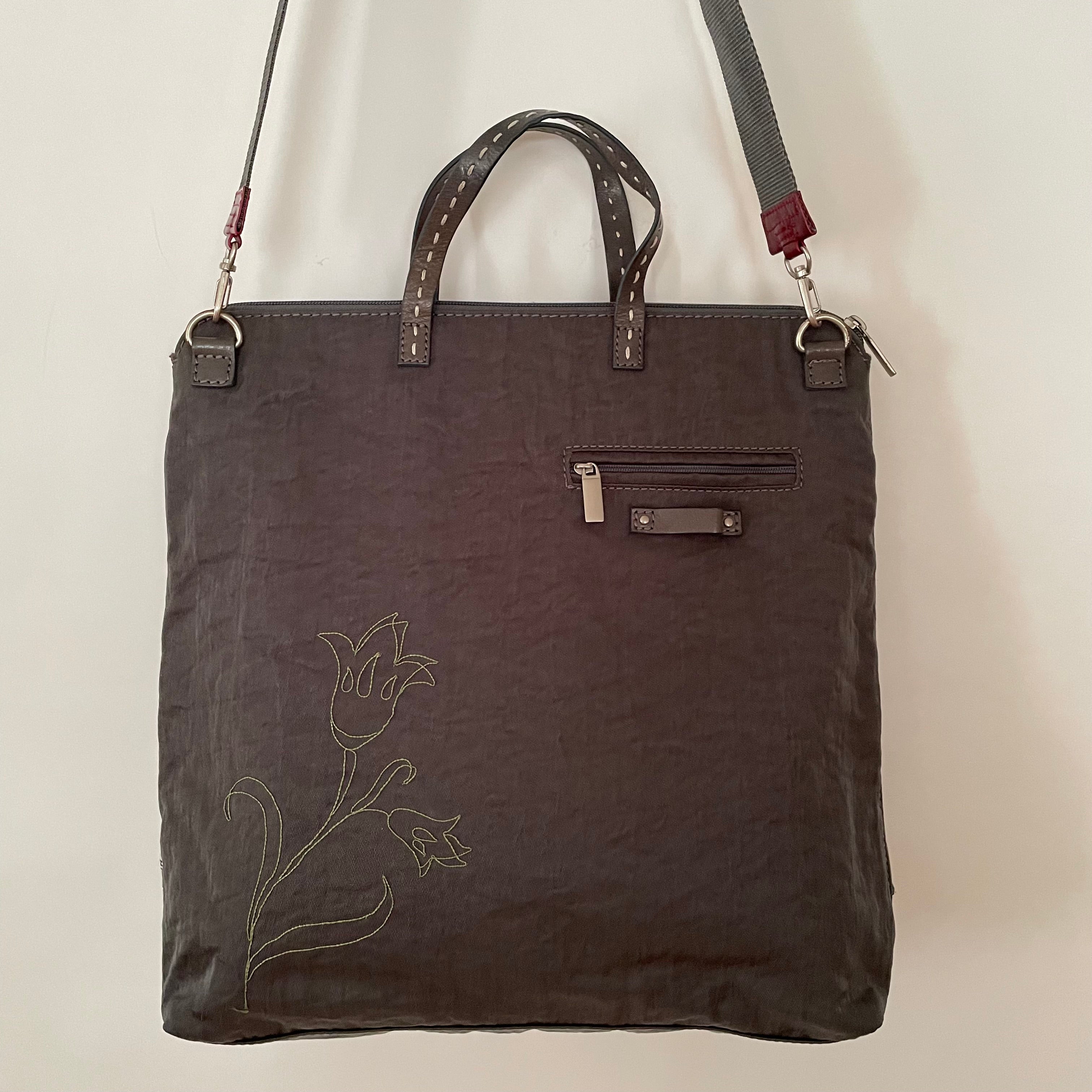 Premium Collection | Leather Shoulder Bag with Nylon Accents and Flower Embroidery and Detachable Adjustable Cross-Body Shoulder Strap | Grey